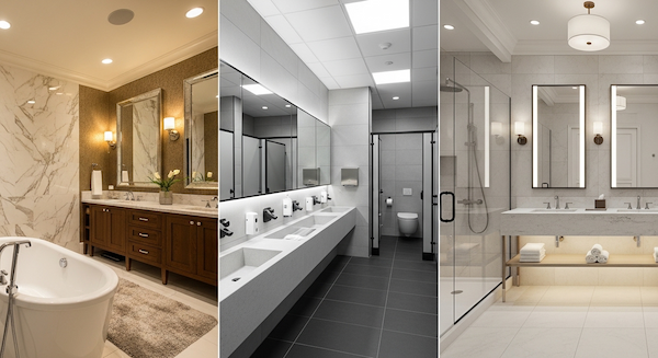 A high-resolution composite image showing three different modern bathroom environments side by side.