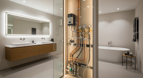 A modern high-end bathroom showcasing advanced concealed plumbing systems.