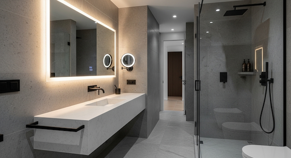 A modern luxury bathroom interior designed with strength and precision in mind.